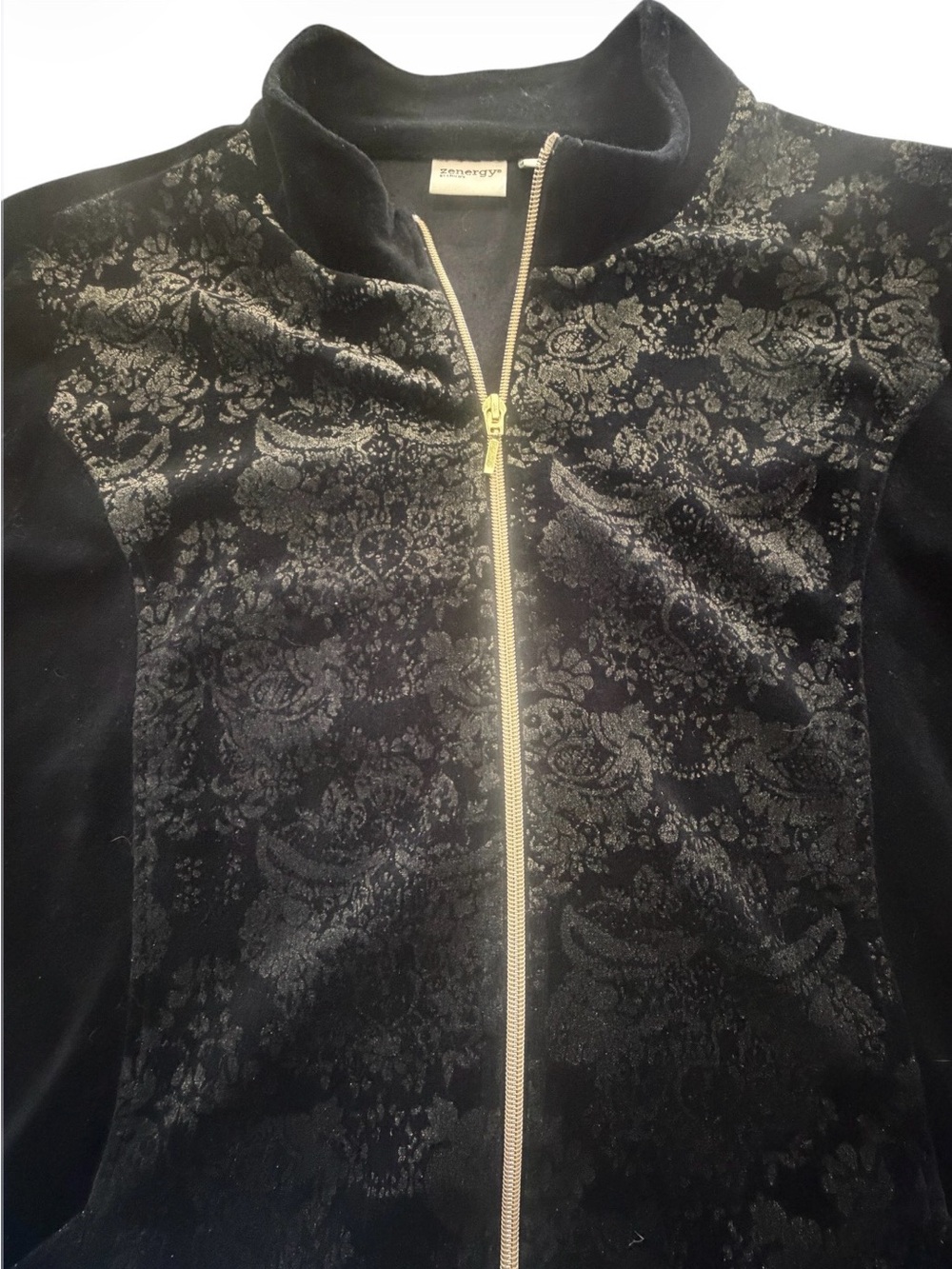 Velvet Floral-Pattern Black Bomber Jacket with Gold Zip